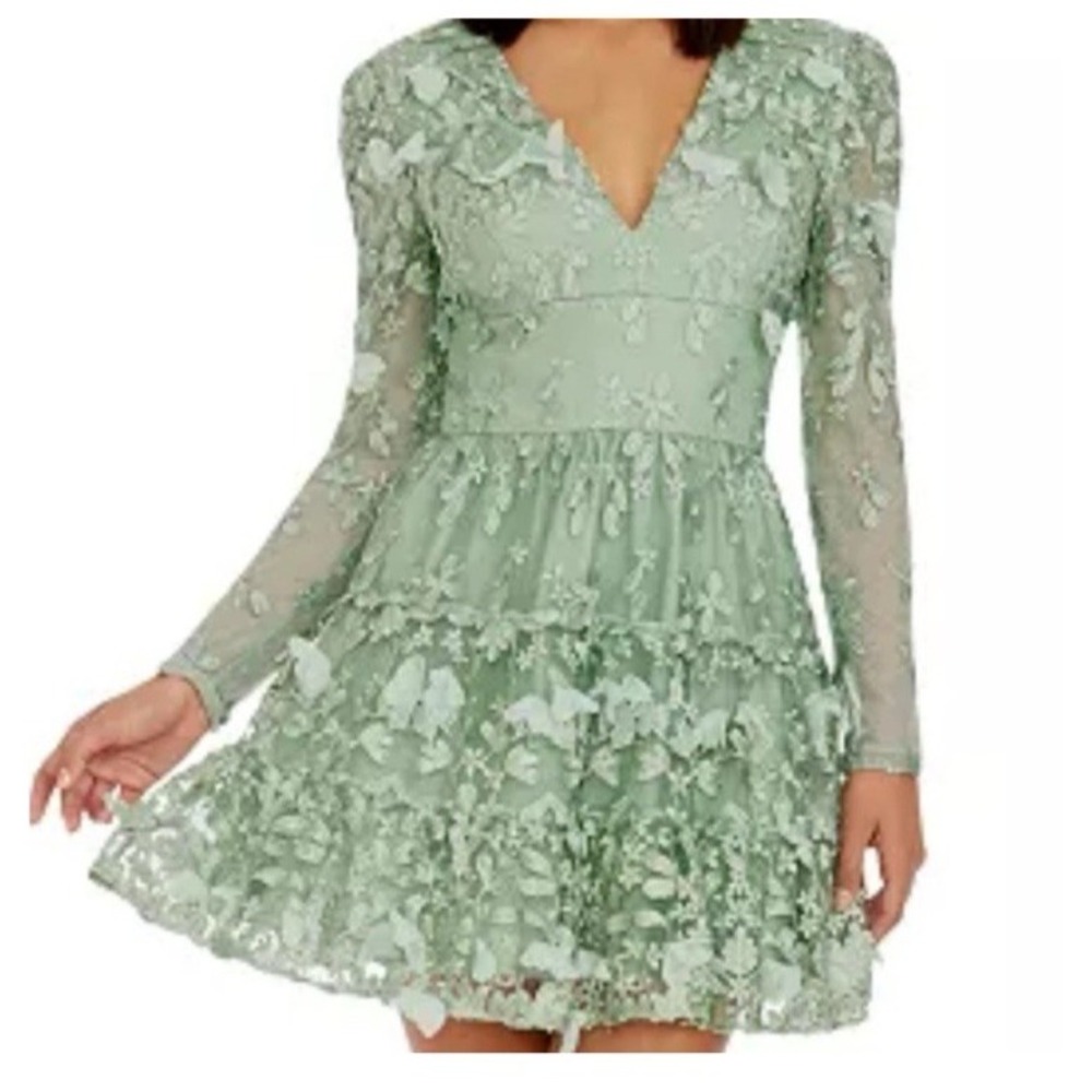 Dress the Population Kari‎ Embroidered Fit & Flare Dress Mint Green Womens Sz XS